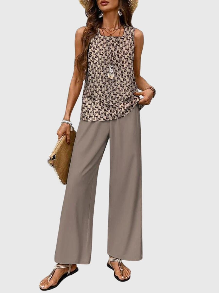 Women's Elegant 2-Piece Summer Set Square Neck Top Wide-Leg Pants Floral Print Casual Chic – Brenda