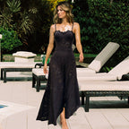 Women's Black Laser Cut Hollow-Out One-Piece Swimsuit & Long Skirt Set Scalloped V-Neck Beach Vacation Resort Pool Party Cruise – Black