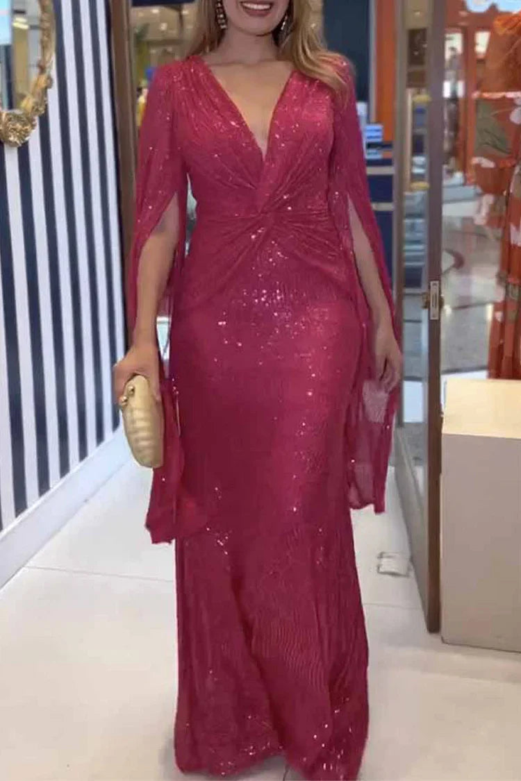 Women's Sequin V-Neck Long Sleeve Maxi Dress A-Line Formal Prom Gala Wedding Guest Evening Red Carpet – Seraphina