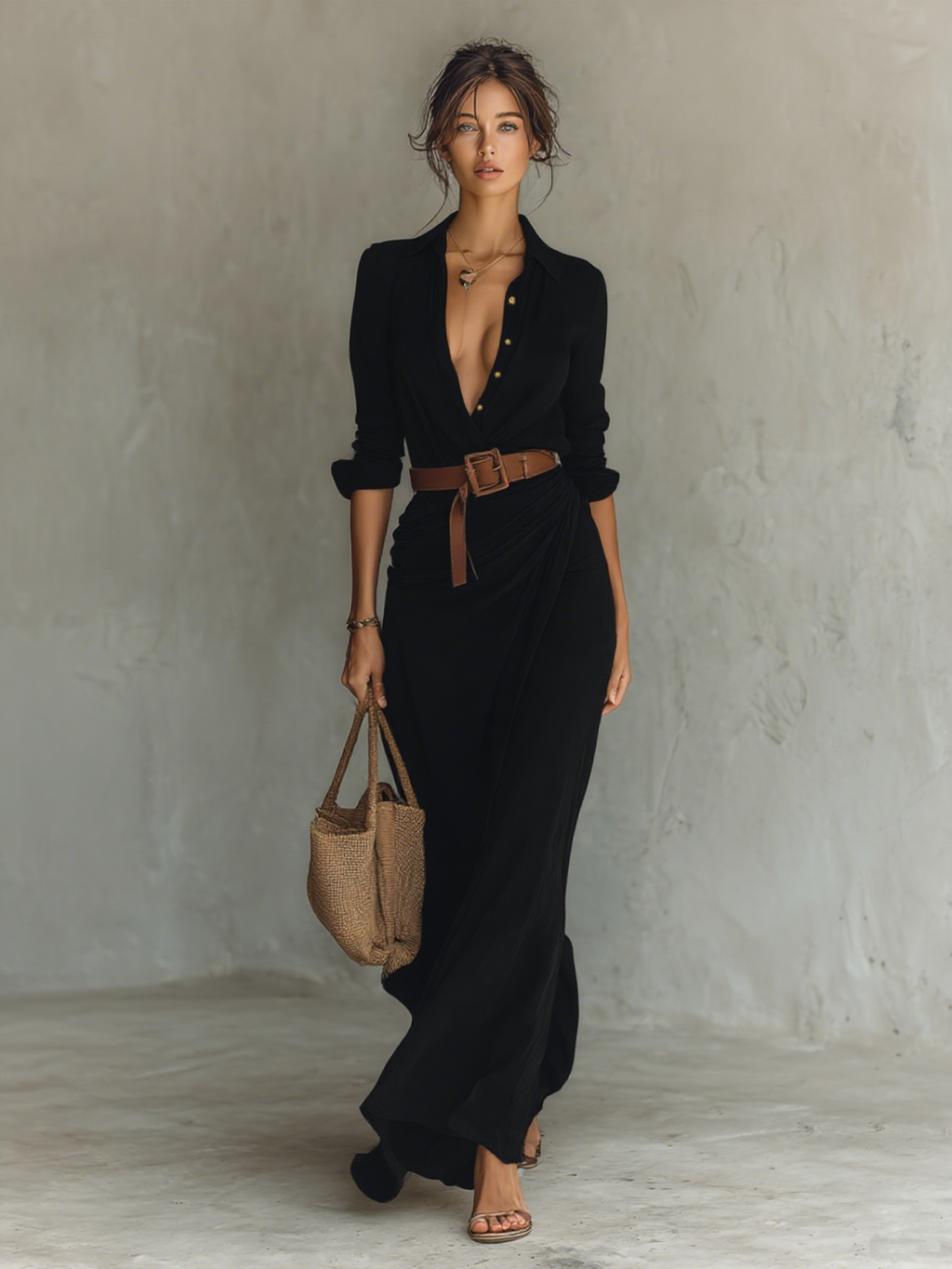 Women's Elegant Cowgirl Long Dress Lapel Single Breasted Belted Waist Long Sleeve Casual – Camel