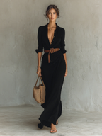 Women's Elegant Cowgirl Long Dress Lapel Single Breasted Belted Waist Long Sleeve Casual – Camel
