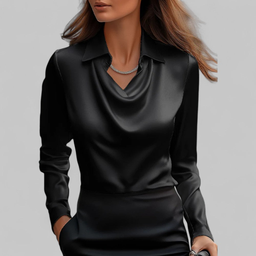 Women's Satin Draped Cowl Neck Long Sleeve Blouse Office Evening Elegant Silky Formal – Rose