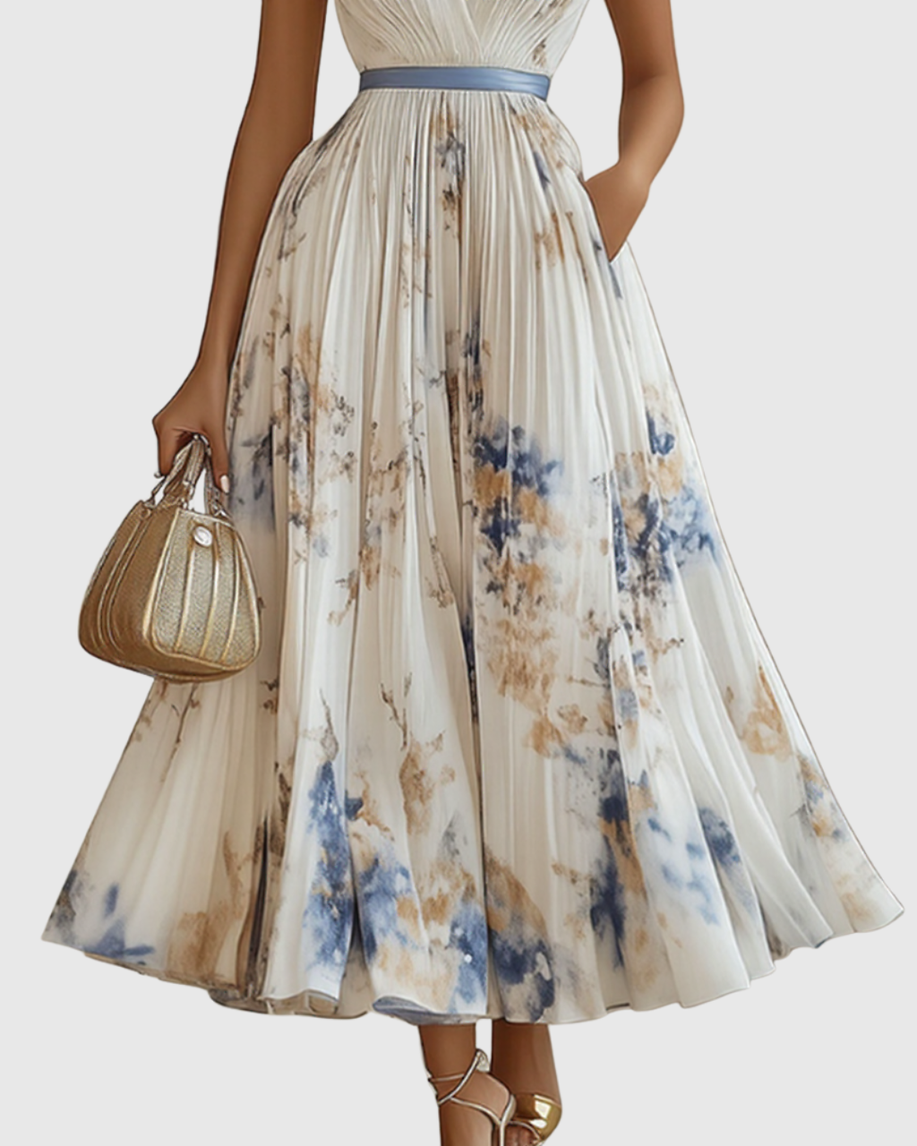 Women's Elegant Pleated Floral Long Dress V-Neck Long Sleeve Ribbon Waist Formal Casual – Rowella
