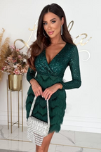 Women's Sequin Fringe Short Dress Long Sleeve V-Neck Party Night Out Cocktail New Year Eve Birthday Gala – Rose