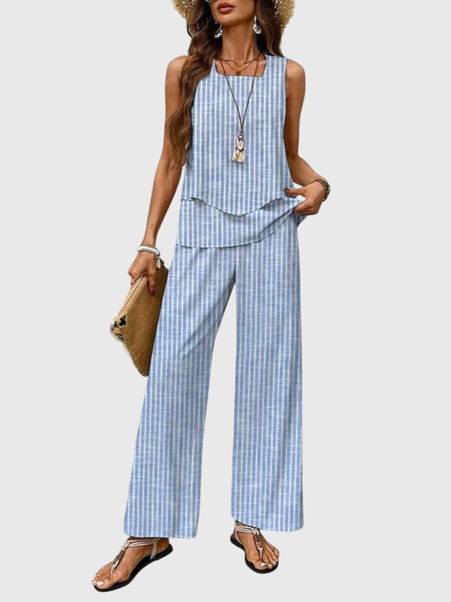 Women's Elegant 2-Piece Summer Set Square Neck Top Wide-Leg Pants Floral Print Casual Chic – Brenda