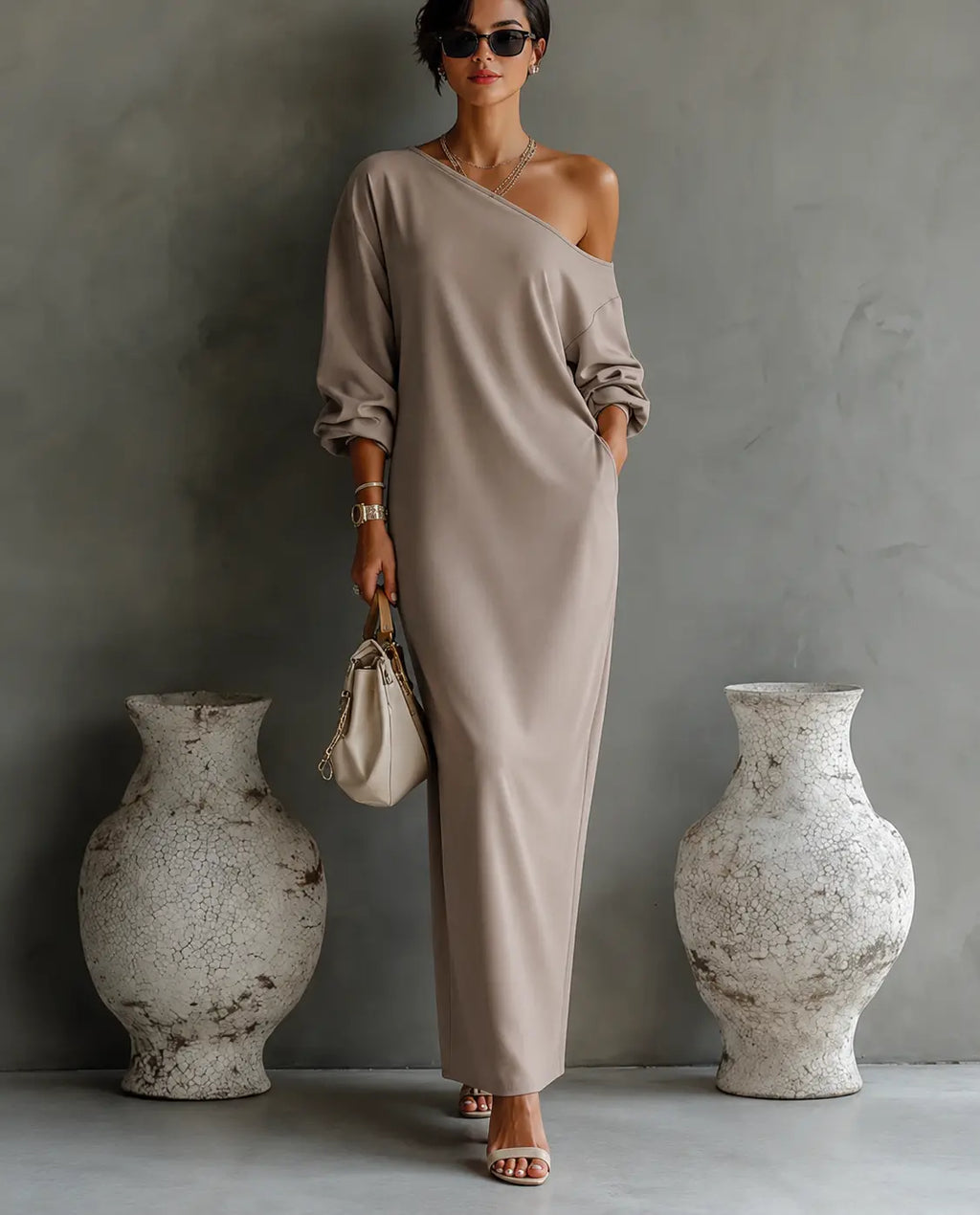Women's Elegant One-Shoulder Long Dress Cotton Linen Flowing Formal Party Wedding Guest – Ivory White