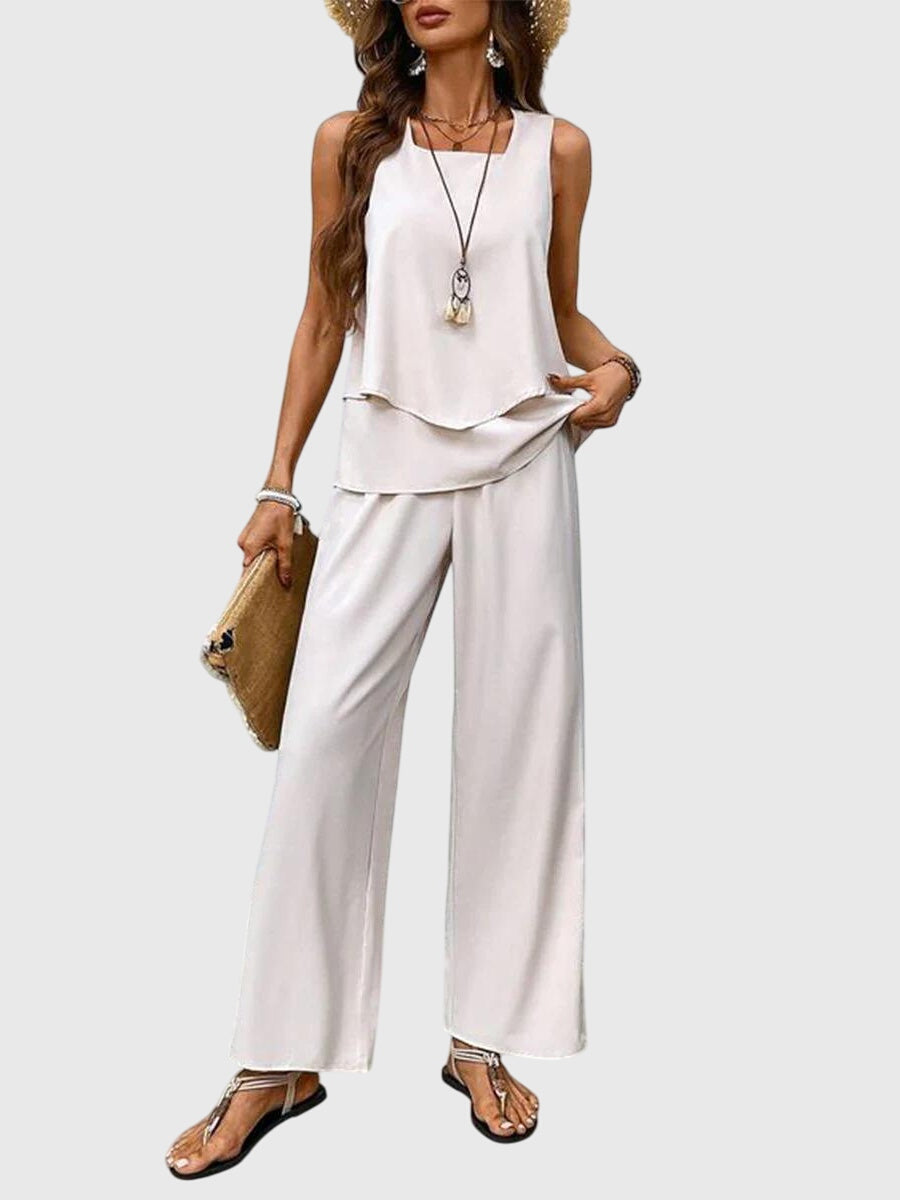 Women's Elegant 2-Piece Summer Set Square Neck Top Wide-Leg Pants Floral Print Casual Chic – Brenda