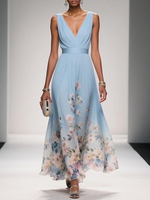Women's Floral Long Wedding Guest Dress Fluid Feminine Romantic Elegant Ceremony Gown