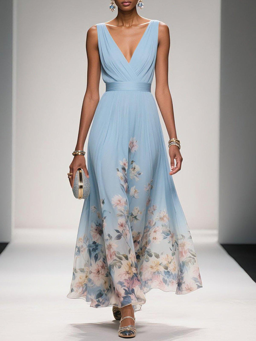 Women's Floral Long Wedding Guest Dress Fluid Feminine Romantic Elegant Ceremony Gown