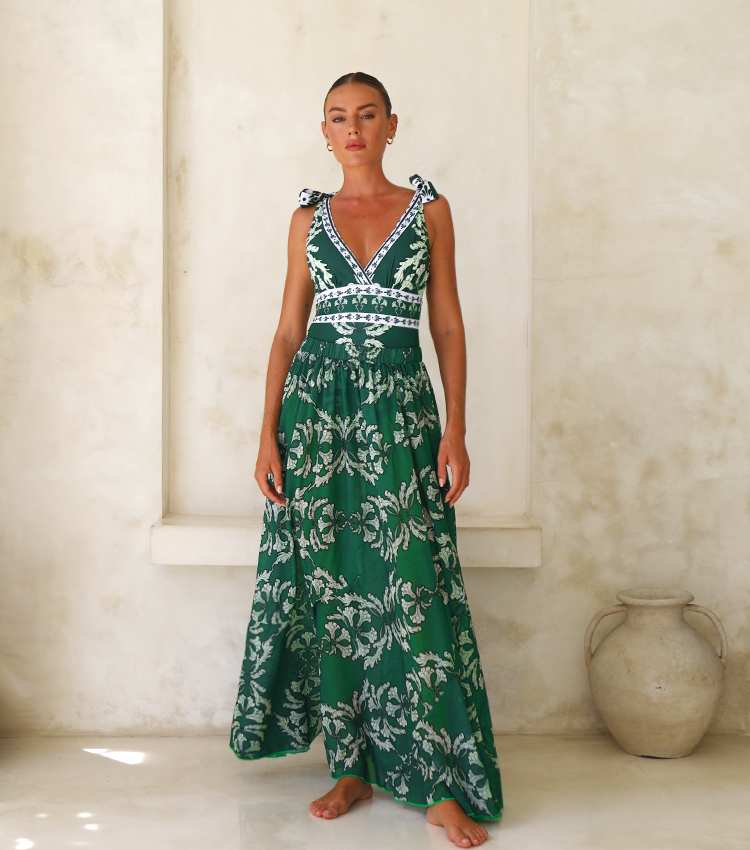Women's V-Neck Lace-Up Printed One-Piece Swimsuit & Long Skirt Set Casual Beach Vacation Summer Resort Cover-Up – Green Floral