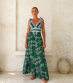 Women's V-Neck Lace-Up Printed One-Piece Swimsuit & Long Skirt Set Casual Beach Vacation Summer Resort Cover-Up – Green Floral