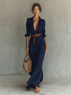 Women's Elegant Cowgirl Long Dress Lapel Single Breasted Belted Waist Long Sleeve Casual – Camel