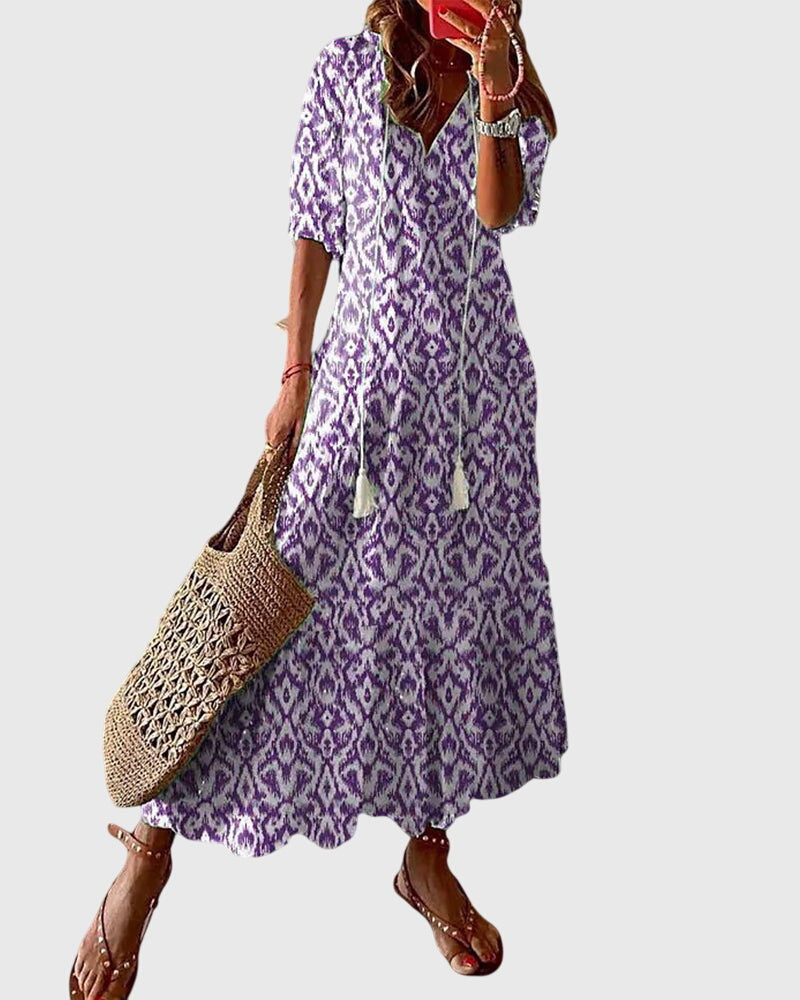 Women's Boho Vintage Summer Midi Dress Floral Print Short Sleeve Casual Feminine Chic – Amalia