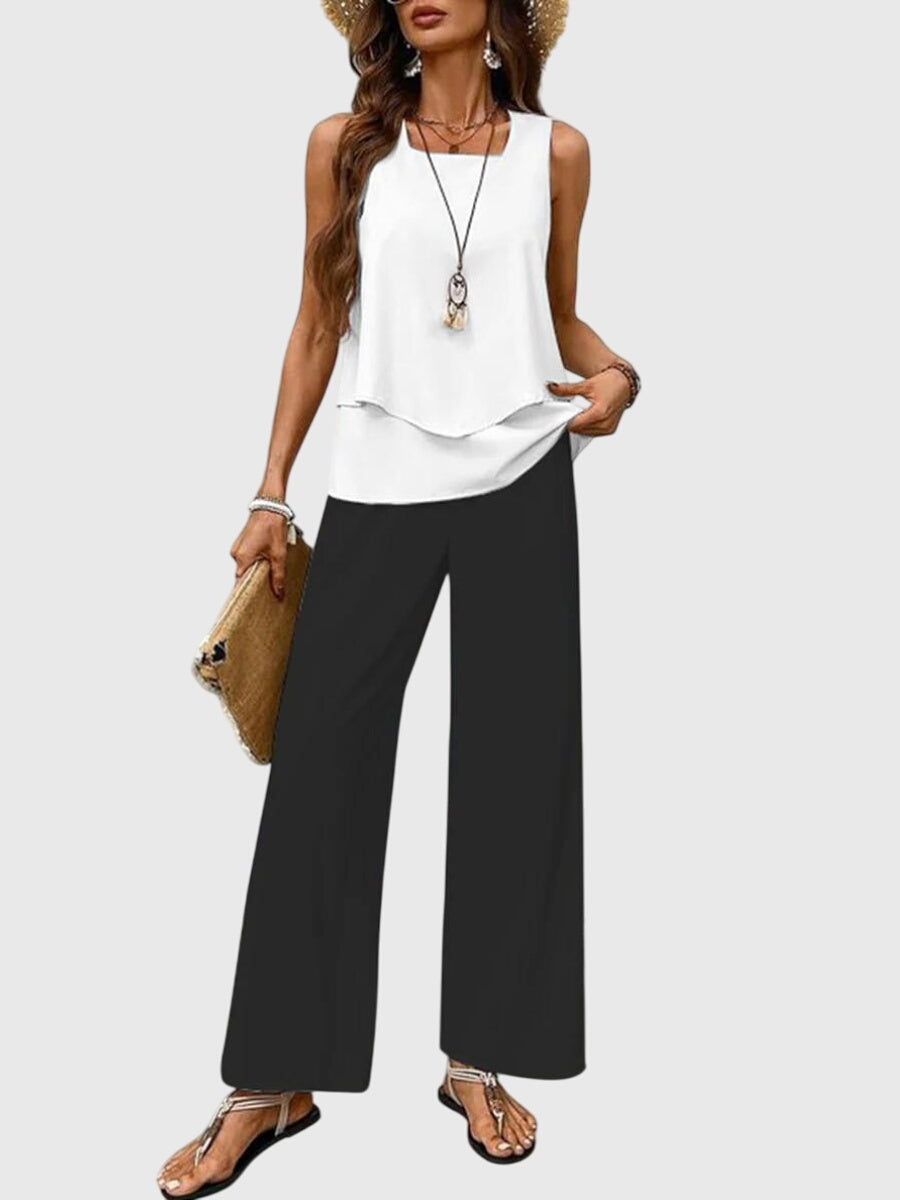 Women's Elegant 2-Piece Summer Set Square Neck Top Wide-Leg Pants Floral Print Casual Chic – Brenda