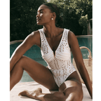 Women's V-Neck Laser Cut Floral Hollow-Out One-Piece Swimsuit & Long Skirt Set Beach Vacation Resort Pool Party Cruise Honeymoon – White