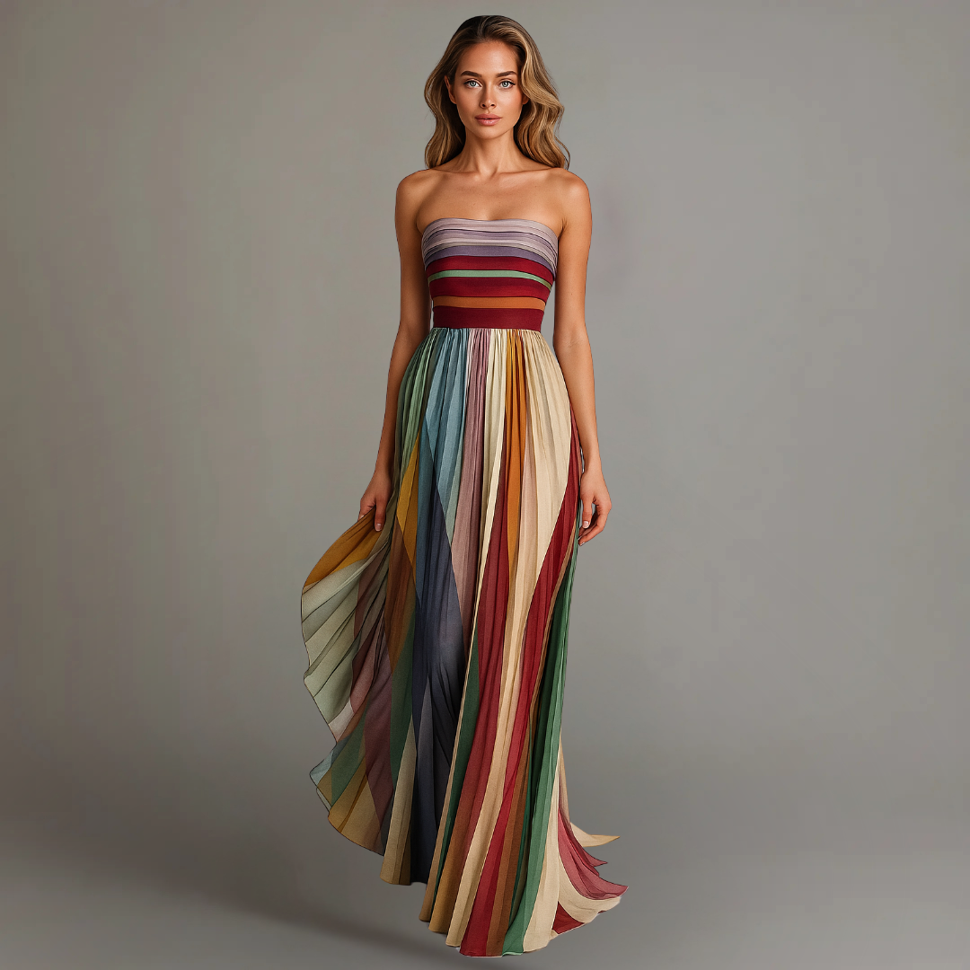 Women's Pleated Long Dress Striped Jewel Tones Strapless Formal Wedding Guest Summer Party – Judith