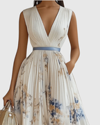 Women's Elegant Pleated Floral Long Dress V-Neck Long Sleeve Ribbon Waist Formal Casual – Rowella
