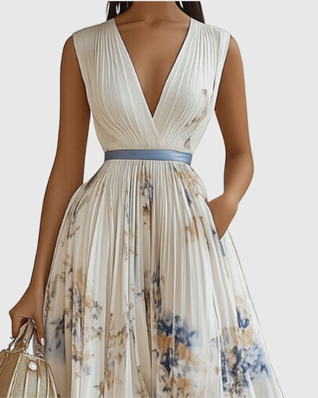 Women's Elegant Pleated Floral Long Dress V-Neck Long Sleeve Ribbon Waist Formal Casual – Rowella