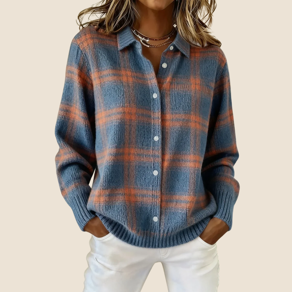 Women's Retro Check Plaid Flannel Shirt Jacket Casual Everyday Fall Winter Cozy Outdoor Streetwear – Vivienne Orange Blue Red