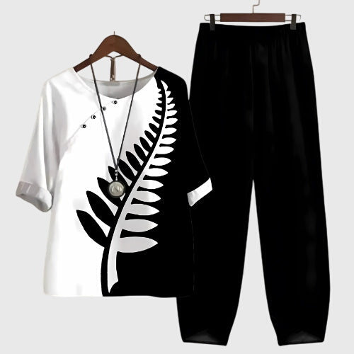 Women's Casual Loose Two-Piece Set Printed Short Sleeve Top Wide-Leg Pants Comfortable Everyday – Alessia