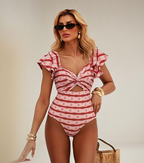 Women's Ruffle Cut-Out One-Piece Swimsuit & Long Skirt Set Red Striped Twist Front Beach Vacation Pool Party Summer Resort – Red & White