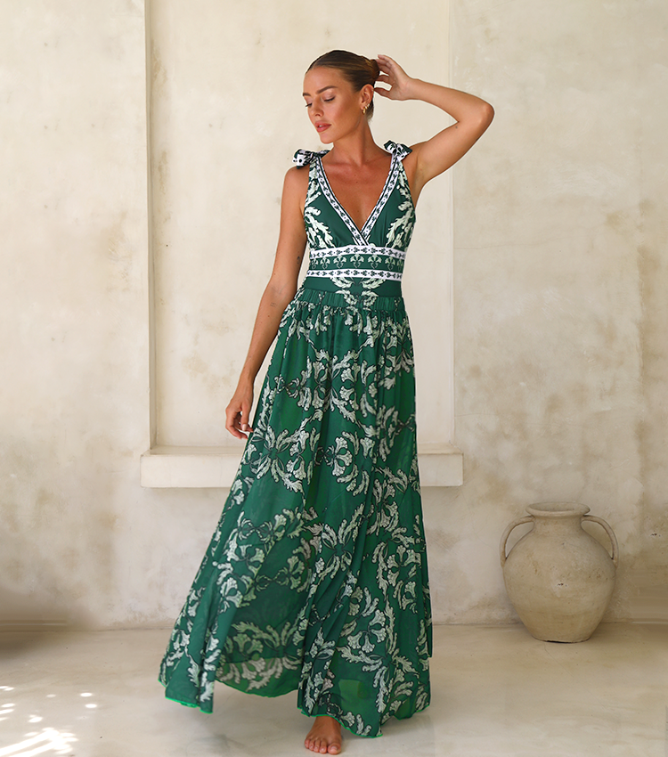 Women's V-Neck Lace-Up Printed One-Piece Swimsuit & Long Skirt Set Casual Beach Vacation Summer Resort Cover-Up – Green Floral