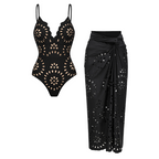 Women's Laser Cut Floral Hollow-Out One-Piece Swimsuit & Long Skirt Set V-Neck Beach Vacation Pool Party Resort Cruise – Black