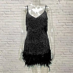 Pink Feather Sequin Mini Elegant Dress Spaghetti Straps Glam Cocktail Night Out Party Dress