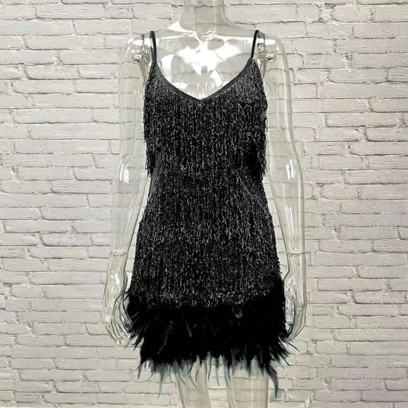 Pink Feather Sequin Mini Elegant Dress Spaghetti Straps Glam Cocktail Night Out Party Dress