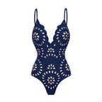 Women's Laser Cut Flower Hollow One-Piece Swimsuit with Cover Up Skirt V-Neck Elegant Beach Summer Swimwear – Navy Blue
