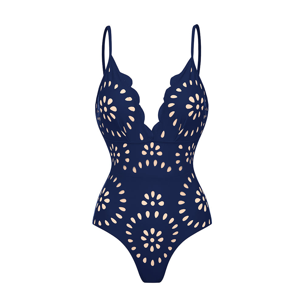 Women's Laser Cut Flower Hollow One-Piece Swimsuit with Cover Up Skirt V-Neck Elegant Beach Summer Swimwear – Navy Blue