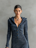 Women's Slim-Fit Hooded Knitted Long Casual Dress Long Sleeve Cozy Chic Everyday – Navy