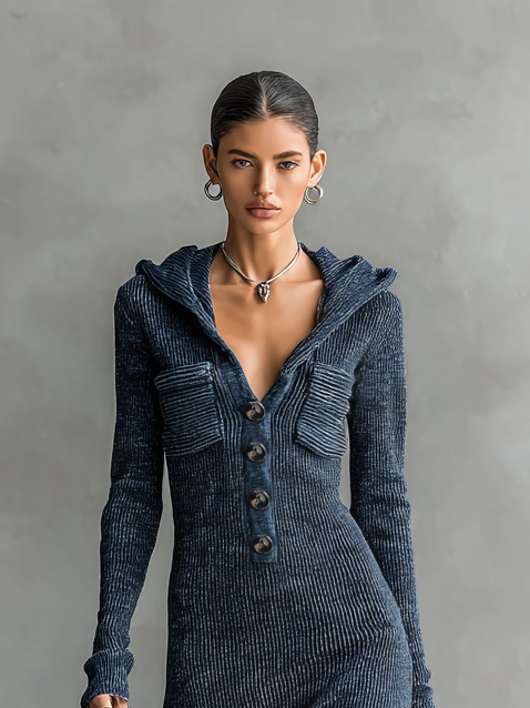 Women's Slim-Fit Hooded Knitted Long Casual Dress Long Sleeve Cozy Chic Everyday – Navy
