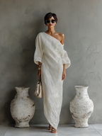 Women's Elegant One-Shoulder Long Dress Cotton Linen Flowing Formal Party Wedding Guest – Ivory White