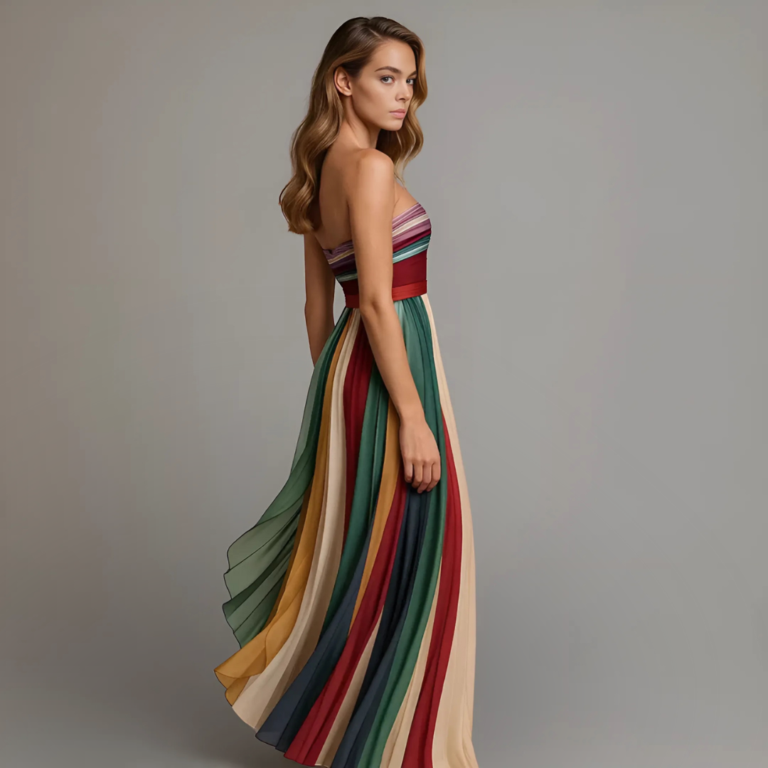 Women's Pleated Long Dress Striped Jewel Tones Strapless Formal Wedding Guest Summer Party – Judith