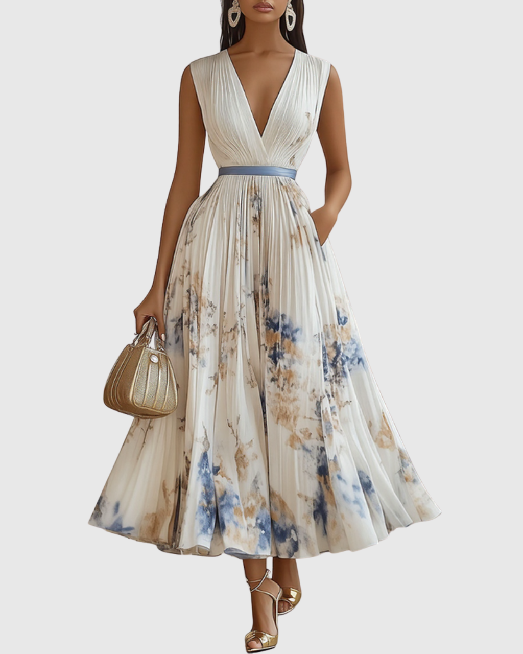 Women's Elegant Pleated Floral Long Dress V-Neck Long Sleeve Ribbon Waist Formal Casual – Rowella