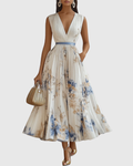 Women's Elegant Pleated Floral Long Dress V-Neck Long Sleeve Ribbon Waist Formal Casual – Rowella