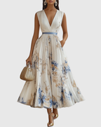 Women's Elegant Pleated Floral Long Dress V-Neck Long Sleeve Ribbon Waist Formal Casual – Rowella