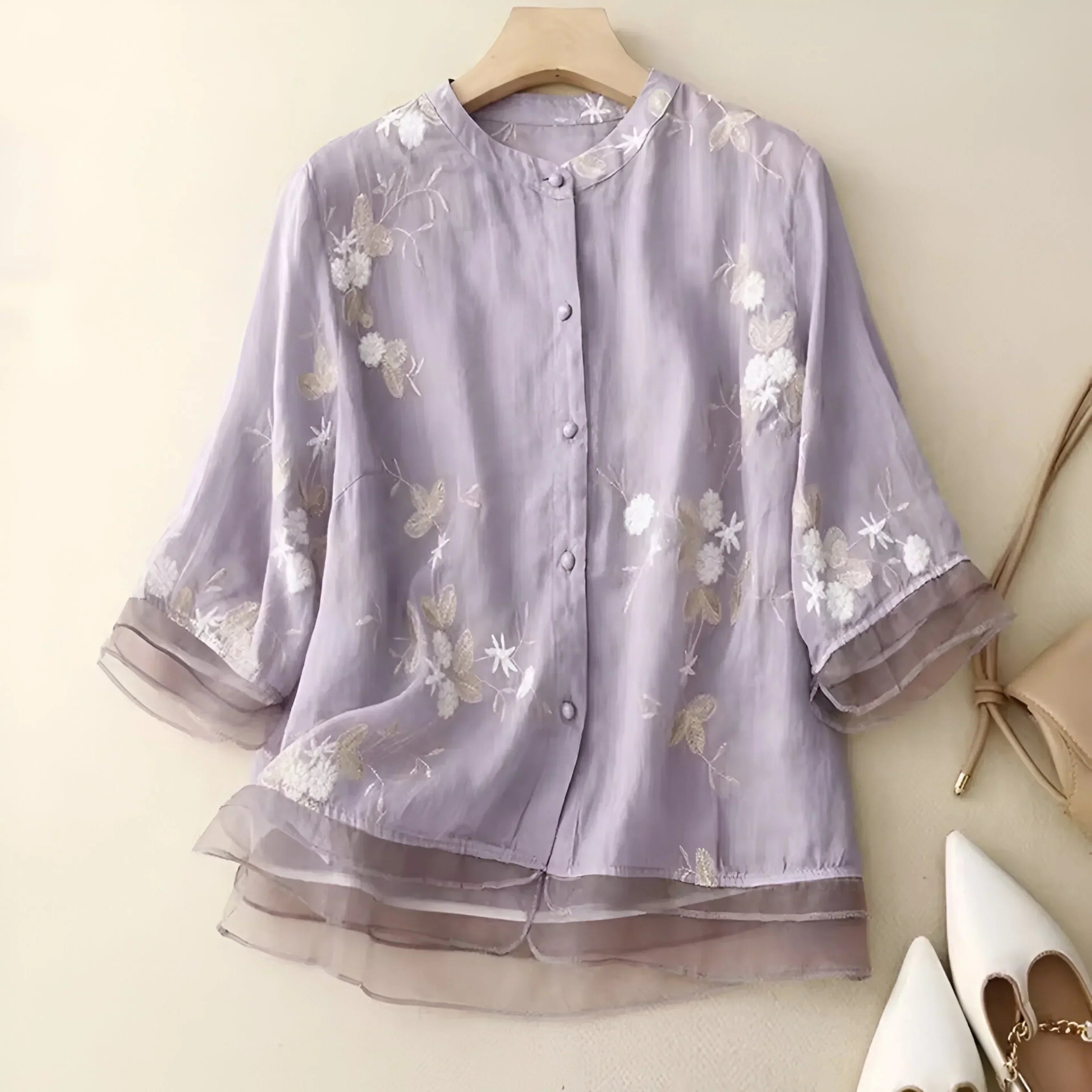 Women's Cotton Top Embroidered Flowers Feminine Soft Breathable Casual Elegant Everyday – Emily