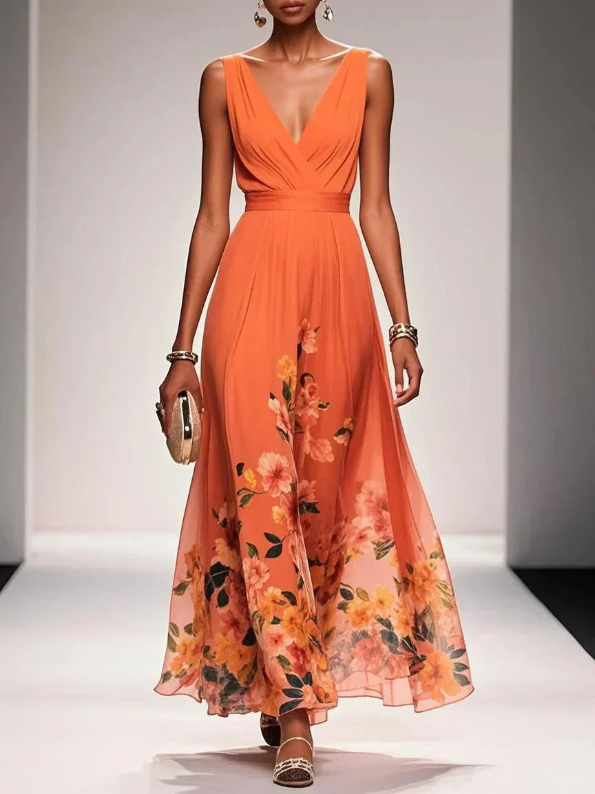 Women's Floral Long Wedding Guest Dress Fluid Feminine Romantic Elegant Ceremony Gown