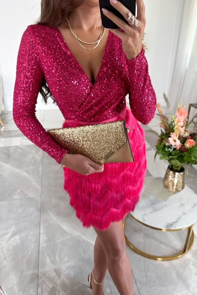 Women's Sequin Fringe Short Dress Long Sleeve V-Neck Party Night Out Cocktail New Year Eve Birthday Gala – Rose