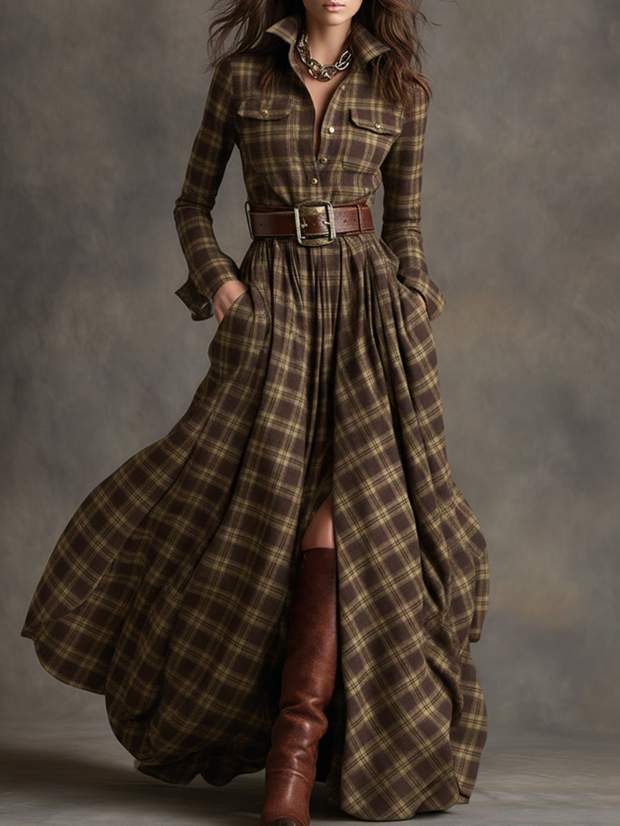 Women's Retro Ethnic Plaid Cowgirl Long Dress Lapel Belted Long Sleeve Casual Relaxed – Reddish Brown