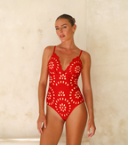 Women's Floral Hollow-Out One-Piece Swimsuit & Long Skirt Set V-Neck Beach Vacation Pool Party Summer Resort – Red
