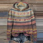Women's Warm Ethnic Print Hooded Knit Sweater Casual Cozy Everyday Fall Winter Outdoor Boho Streetwear – Mea