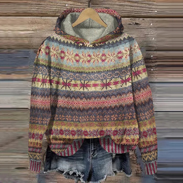 Women's Warm Ethnic Print Hooded Knit Sweater Casual Cozy Everyday Fall Winter Outdoor Boho Streetwear – Mea