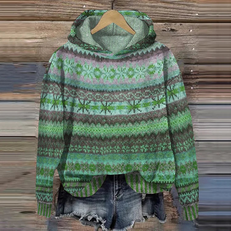Women's Warm Ethnic Print Hooded Knit Sweater Casual Cozy Everyday Fall Winter Outdoor Boho Streetwear – Mea
