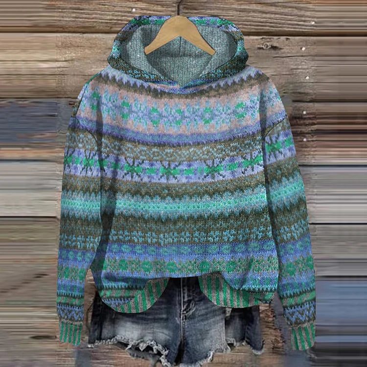Women's Warm Ethnic Print Hooded Knit Sweater Casual Cozy Everyday Fall Winter Outdoor Boho Streetwear – Mea