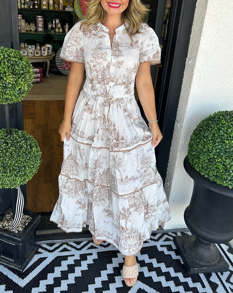 Women's Toile Midi Dress Smocked Waist Tiered Skirt Floral Spring Garden Casual Summer Elegant – Camille