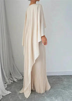 Women's Long Wedding Guest Dress Pleated Cape Overlay Fluid Elegant Formal Gown – Makayla