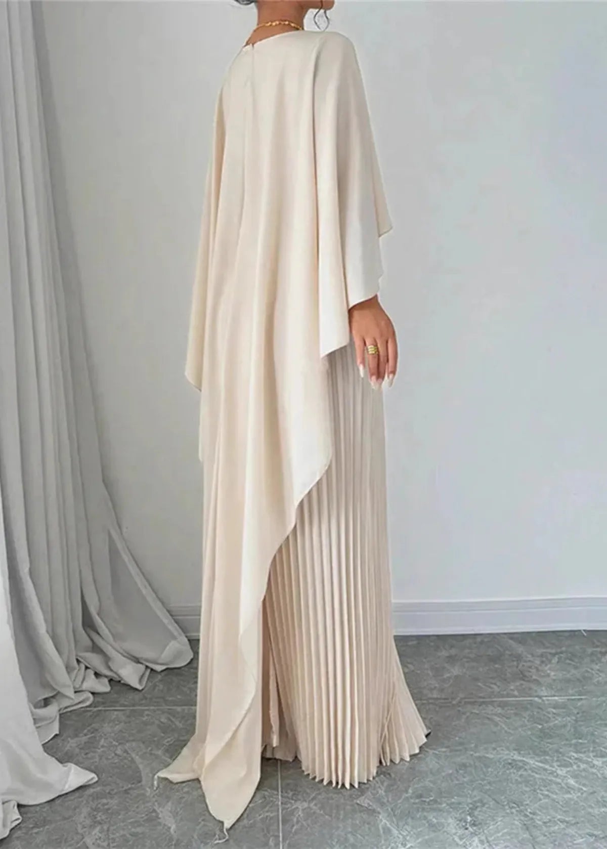 Women's Long Wedding Guest Dress Pleated Cape Overlay Fluid Elegant Formal Gown – Makayla